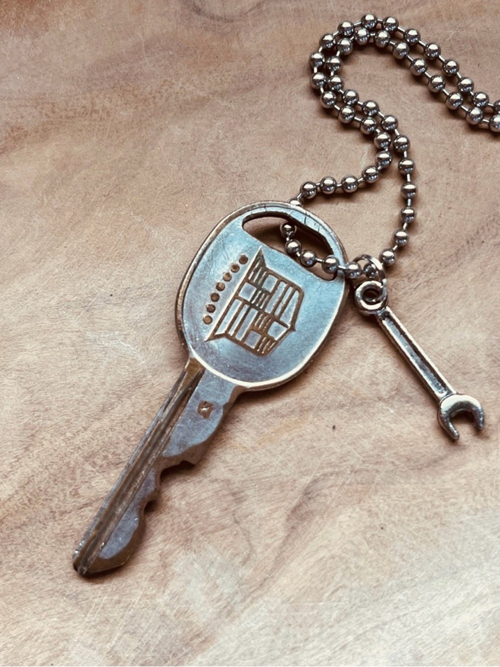 Vintage Cadillac Silver Key Necklace with Wrench Accent charm